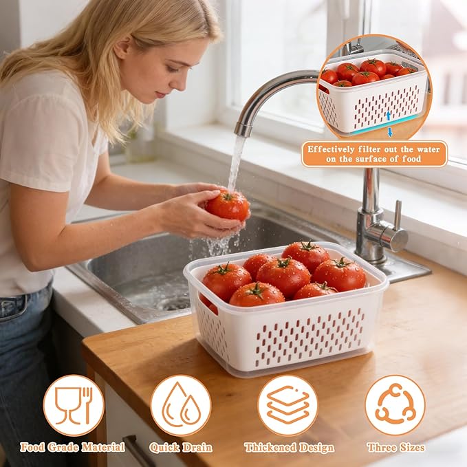 3PC-4 in 1 Food Storage Container, Fruit Storage Containers for Fridge, Produce Storage Containers with Lid and Strainer, Including Drain Basket, Multipurpose Large Fruit Containers for Fridge (White)
