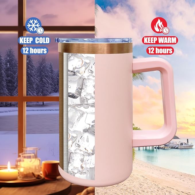 20 oz Insulated Coffee Mug with Lid, Stainless Steel Coffee Tumbler Bulk, Double Wall Vacuum Travel Mug with Handle, Leakproof Powder Coated Coffee Cups for Hot and Cold Drinks (Pink,8 pack)