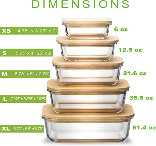 Glass Food Storage Containers with Bamboo Lids Eco-Friendly, set of 5, Airtight, Pantry Organization, Meal Prep Glass Containers. Plastic Free. BPA Free. Microwave Oven Dishwasher and Freezer Safe