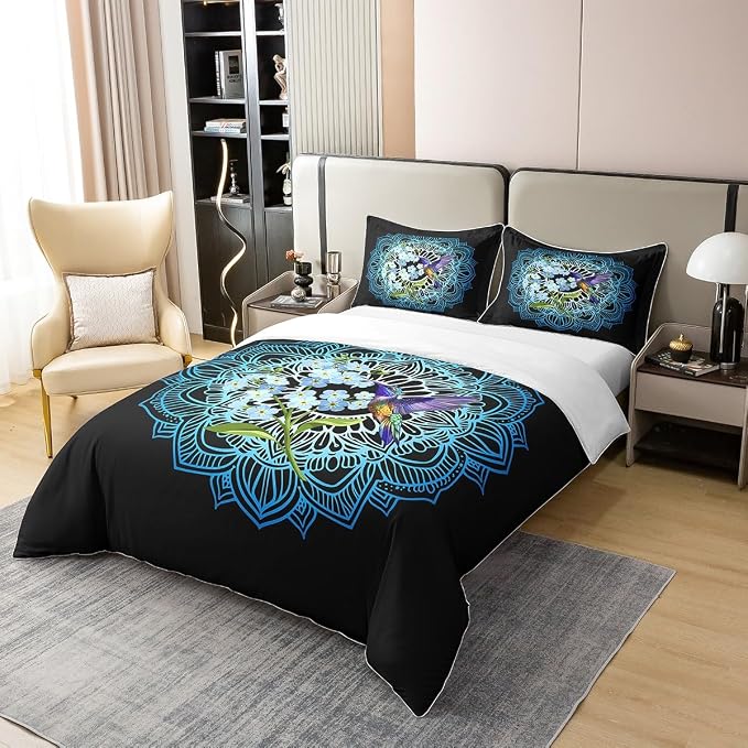 Castle Fairy Lotus Flower 100% Cotton Bedding Set Bohemian Style Comforter Cover Set for Kids Teens Bedroom Decor Floral Hummingbird Duvet Cover Breathable Full Size 3 PCS(No Filler)