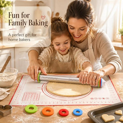 Adjustable Stainless Steel Rolling Pin & Non-Slip Silicone Baking Mat Set with Thickness Rings, Dough Roller with Guides & Pastry Mat for Fondant,Pizza, Cookies, Pies,Baking Supplies & Kitchen Gadgets