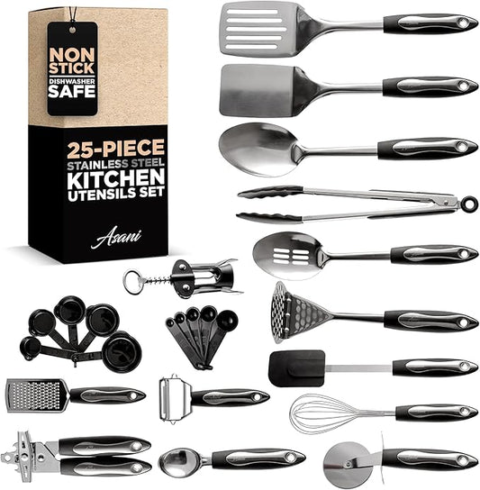 Asani 25-Piece Stainless Steel Kitchen Utensil Set | Non-Stick Cooking Gadgets and Tools Kit | Durable Dishwasher-Safe Cookware Set | Kitchenware Gift Idea, Best New Apartment Essentials