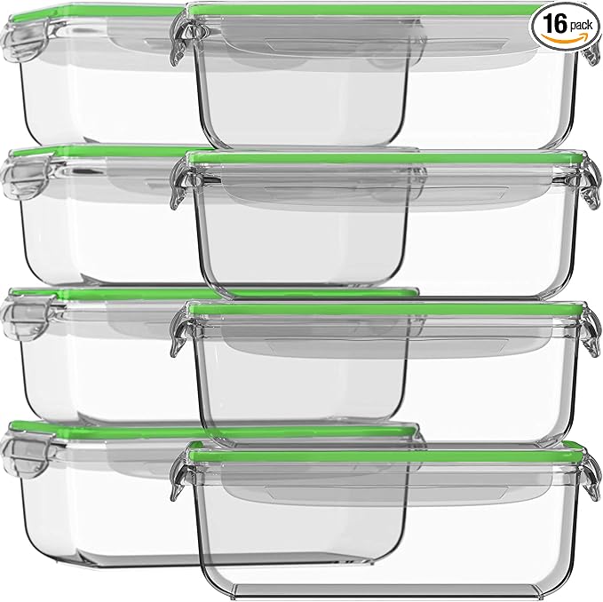 Razab 16 Pc (Set of 8) 30 Oz Glass Meal Prep Containers with Lids, Airtight Large Glass Food Storage Containers, Reusable Leak Proof BPA Free, Freezer to Oven and Dishwasher Safe