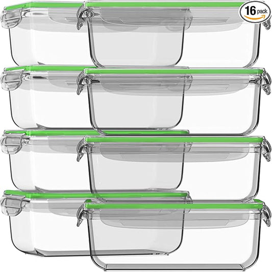 Razab 16 Pc (Set of 8) 30 Oz Glass Meal Prep Containers with Lids, Airtight Large Glass Food Storage Containers, Reusable Leak Proof BPA Free, Freezer to Oven and Dishwasher Safe