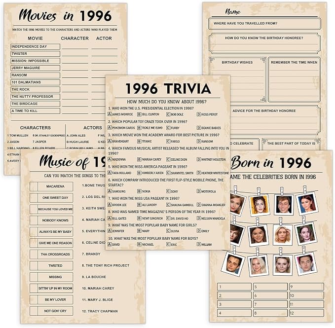 QUPT 30th Birthday Party Games, Born in 1996 Games Bundle, Set of 5 Activities for 10 Guests, Birthday Party Supplies for Adults, Pack of 50 Cards