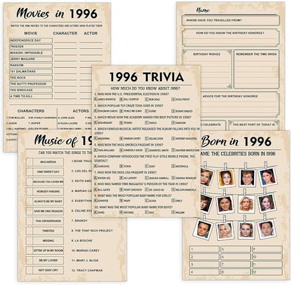 QUPT 30th Birthday Party Games, Born in 1996 Games Bundle, Set of 5 Activities for 10 Guests, Birthday Party Supplies for Adults, Pack of 50 Cards