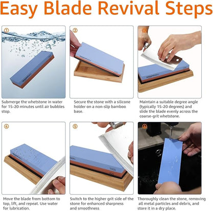 Amazon Basics Dual Sided Whetstone Knife Sharpening Stone 400/1000 Grit with Angle Guide, Non-Slip Bamboo Base, Black & Grey