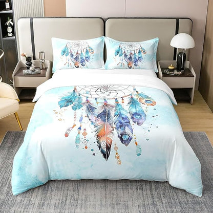 Castle Fairy 100% Nature Cotton Girly Dream Catcher Duvet Cover Set Watercolor Feather Retro Style Comforter Cover Set Twin Size with 1 Pillowcase Marble Texture Tie Dye Bedding Set(Not Comforter)