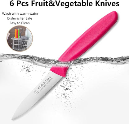 Paring Knives Set,Stainless Steel Paring Knife Set of 6,Sharp Vegetable&Fruit Knifes,Small Knife Set,Ergonomic Handle Paring Knives,Straight Edge Paring Knife Set,Pink Peeling Knife
