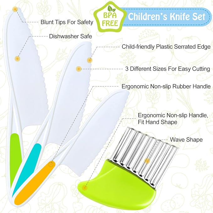 TAORISH 4 Pcs Kids Knife Set, Kids Kitchen Knife with Crinkle Cutter, Serrated Edges Plastic Toddler Chef Knife for Real Cooking & Cutting Fruit Bread