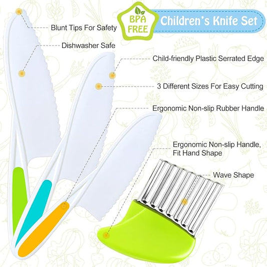TAORISH 4 Pcs Kids Knife Set, Kids Kitchen Knife with Crinkle Cutter, Serrated Edges Plastic Toddler Chef Knife for Real Cooking & Cutting Fruit Bread