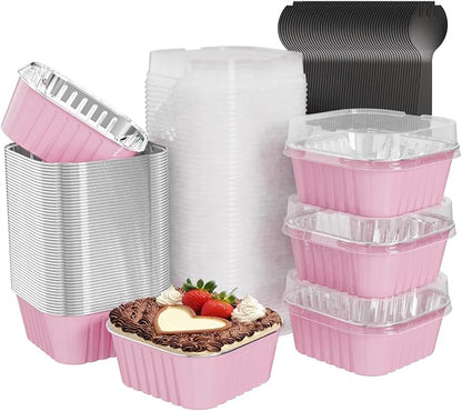 100 Pack Square Mini Cake Pans with Lids,Mini Loaf Pans with Lids,Aluminum Foil Baking Cups,Disposable Ramekins Cupcake Cups,Dessert Cups for Wedding Birthday Party Picnics,5oz (Pink)