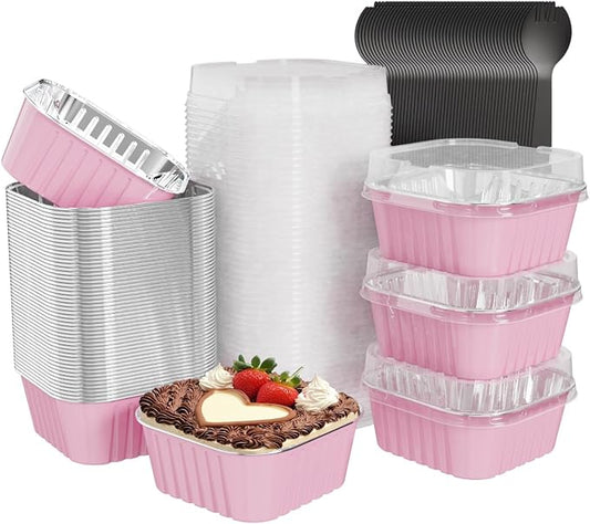 100 Pack Square Mini Cake Pans with Lids,Mini Loaf Pans with Lids,Aluminum Foil Baking Cups,Disposable Ramekins Cupcake Cups,Dessert Cups for Wedding Birthday Party Picnics,5oz (Pink)