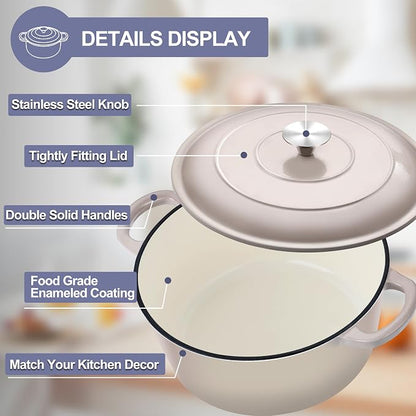TeamFar Dutch Oven, 6QT Enameled Cast Iron Dutch Oven Cooking Pot with Lid & Dual Handles, for Bread Baking Braising Stewing, Heavy Duty & Non Stick, Oven & All Stovetops Safe - Khaki