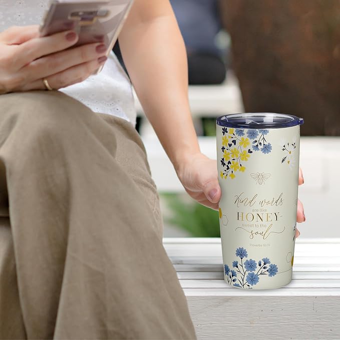 Christian Art Gifts Stainless Steel Scripture Tumbler Travel Mug for Women: Kind Words Bible Verse, Cute Bumble Bee, Double-wall Vacuum Insulated, Lid, Hot/Cold, Creamy White Multicolor Floral, 18oz.