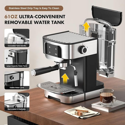 Espresso Machine 20 Bar, Professional Espresso Maker With Auto Milk Frother, Home Compact Espresso Coffee Machine With Led Touch Screen, 61OZ Removable Water Tank For Latte, Cappuccino