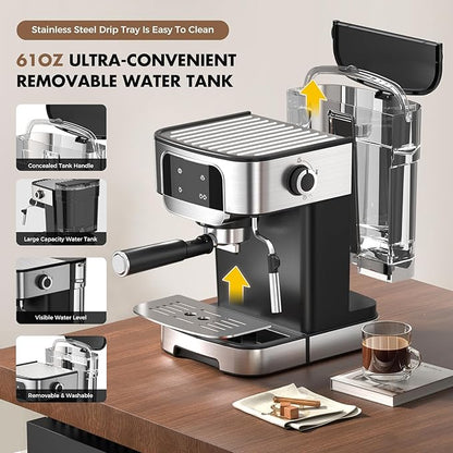 20-BAR Professional Espresso Machine, with Led Touchscreen Controls, Powerful Milk Frother, for Making Cappuccinos & Lattes at Home, Black