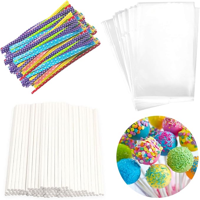 Lollipop Cake Pop Treat Bag Set Including 100pcs Parcel Bags, Papery Treat Sticks, Colorful Metallic Twist Ties for Making Lollipops, Cake Pops, Candies, Chocolates and Cookies