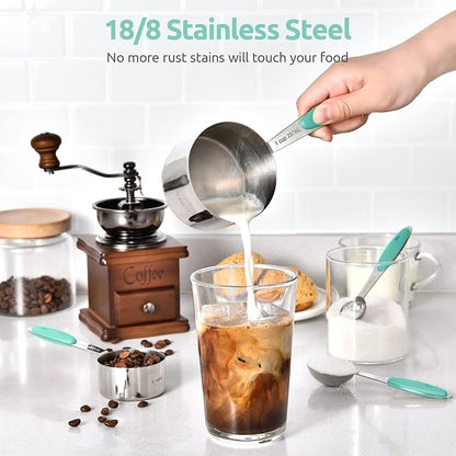 Measuring Cups and Spoons Set: U-Taste 18/8 Stainless Steel 10 Pieces Metal Stacking Kitchen Baking Cooking Food Measure Set 5 Cups 5 Spoons with Strengthened Weld Joints (Aqua Sky, Upgraded Version)