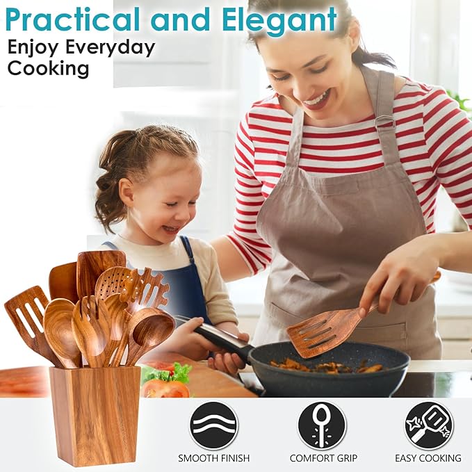HOWHONG Wooden Spoons for Cooking, Premium Acacia Wood Kitchen Utensil Set, Handmade Wooden Utensils for Nonstick Cookware, Heat Resistant, Smooth Finish, Comfortable Grip, with Holder, Gift Ready