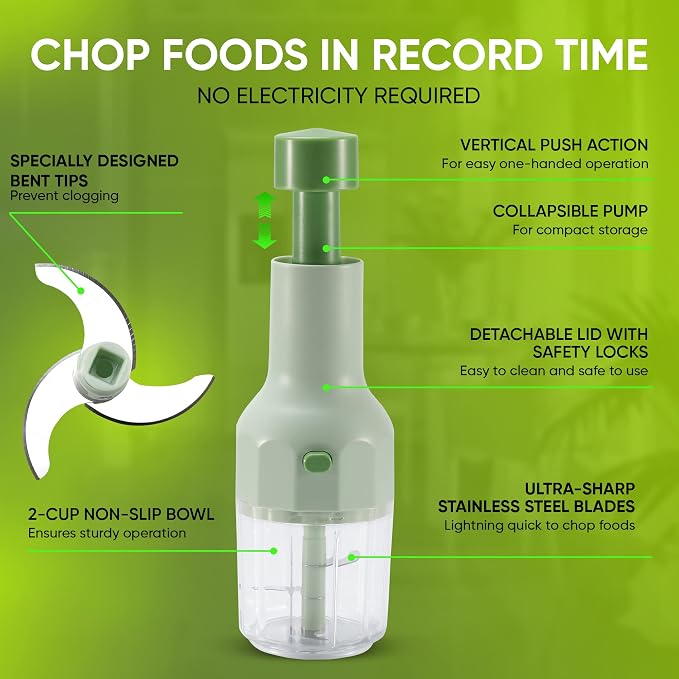 Brieftons Express Manual Food Chopper: 2-Cup, Hand Chopper Vegetable Cutter to Chop Veggies, Fruits, Herbs, Garlic Onion Chopper for Salsa, Salad, Pesto, Hummus, Guacamole, Coleslaw, Indian Cooking