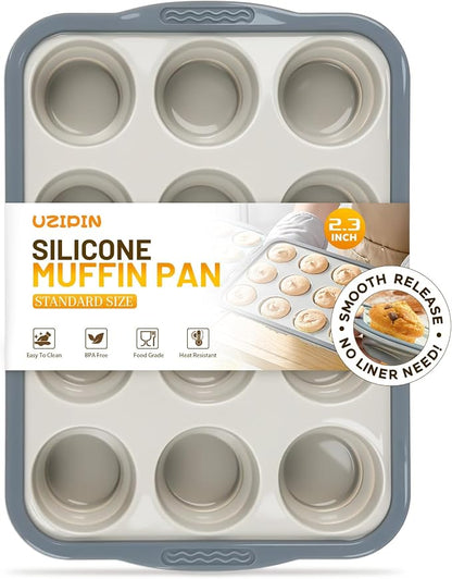 Silicone Muffin Pan, 12 Cups Non-Stick Cupcake Pan, Food-Grade BPA-Free Muffin Tin, Oven-Safe 450 °F, Reinforced Steel Frame, Easy-Grab Handles, Quick-Release 2.3" Baking Molds for Mini Treats