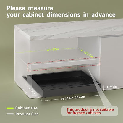 Seinloes 2 Pack Pull Out Cabinet Organizers 21"Deep with Raising Pad for Framed Cabinets,Expandable Slide Out Drawers Upgrade 3 Slide Rails,Roll Out Shelves Adhesive,Adjustable Width 12"-20.45" Black