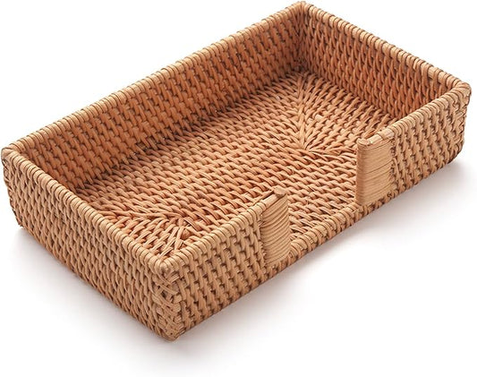 Rattan Napkin Holder Rectangle, 9.5" x 5.5" x 2", Wicker Napkin Tray, Woven Guest Towel Holder for Restaurant/Kitchen/Bathroom Paper Towels for Guests