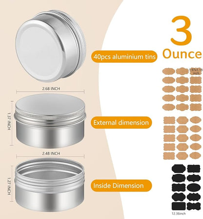 3 oz Tins with Lids, 40 Pack Aluminum Jars 3 oz Tin Salve Tins Refillable Containers With Screw Top and Labels for Salve,Candle,Spices or Balms(Silver)