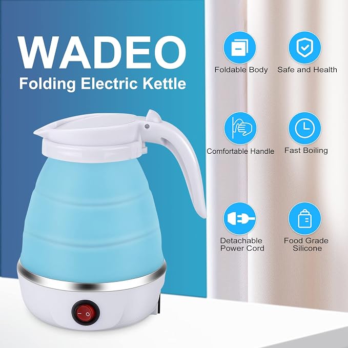 Portable Electric Kettle Travel Size, 600ML Small Foldable Tea Coffee Kettle with Collapsible Bowl and Cups, 5 Min Fast Water Boiling, BPA Free Food Grade Silicone, 110V 400W