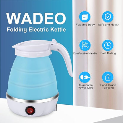 Portable Electric Kettle Travel Size, 600ML Small Foldable Tea Coffee Kettle with Collapsible Bowl and Cups, 5 Min Fast Water Boiling, BPA Free Food Grade Silicone, 110V 400W