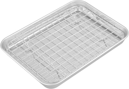 Set of 4 Baking Sheets with Rack, Stainless Steel Small Baking Tray, Oven Tray and Grid Rack for Baking Roasting, 9.4 x 7 x 1 inch