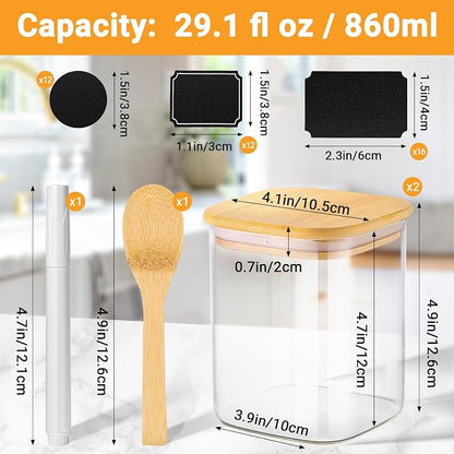 Square Glass Jars with Bamboo Lids, 2 Pack 29 Fl.oz Glass Canister with Lids, Clear Flour Sugar Storage Containers Food Jars for Tea, Coffee Bean, Cereal - Set Includes Labels, Marker and Spoon