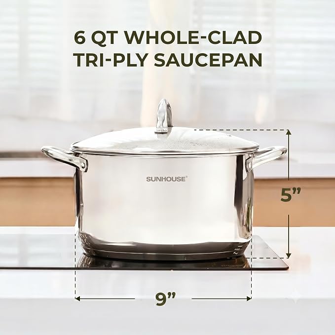 Sunhouse 6 QT Stainless Steel Stock Pot with Lid - Large Pot for Cooking | Stainless Steel Pot For Pasta, Soup, Spaghetti - Impact Bonding Base Big Pots for Canning, Boiling - Induction Compatible