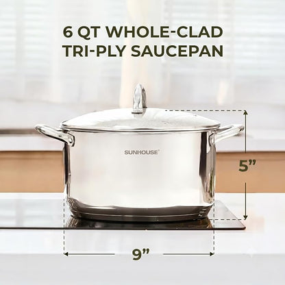Sunhouse 6 QT Stainless Steel Stock Pot with Lid - Large Pot for Cooking | Stainless Steel Pot For Pasta, Soup, Spaghetti - Impact Bonding Base Big Pots for Canning, Boiling - Induction Compatible