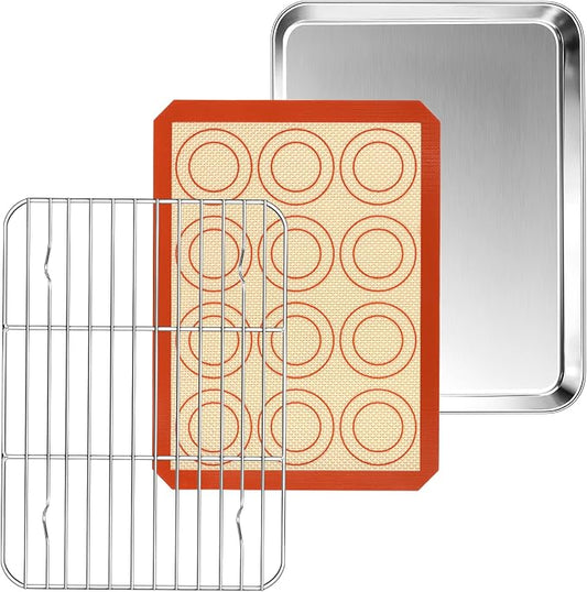 P&P CHEF 10.4 Inch Baking Oven Sheet Pan with Rack & Mat for Cookie, Stainless Steel Oven Sheet Tray Cooling Rack and Silicone Mat for Baking & Roasting, Dishwasher Safe & Healthy, 3Pcs