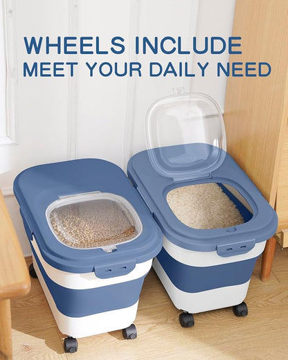 20-30 Lbs Rice Storage Container,Collapsible Food Storage Containers with Rolling Wheel Airtight Locking Lid,Flour Storage Container with Cup and Scoop,Suitable for Food,Rice,Pet Food,Flour