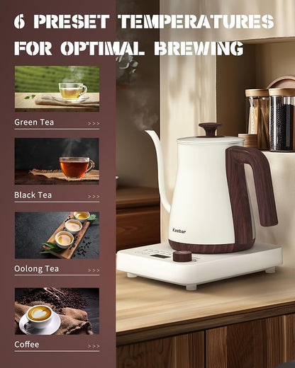 Electric Kettles, 1000W Gooseneck Electric Kettle with 6 Temperature Control Presets, 0.8L/27.05oz, 0.8mm Ultra-Fine Spout, 304 Stainless Steel Inner, Gooseneck Kettle with Auto Shut-Off, Matte White