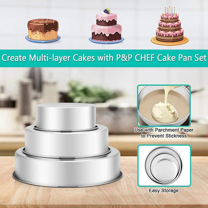 P&P CHEF Cake Pan Set of 3, 6" + 8" + 9.5" Round Baking Layer Tier Cake Pans Tins, Stainless Steel Bakeware for Birthday Weeding, Heavy Duty & Non Toxic, Mirror Finish & Dishwasher Safe