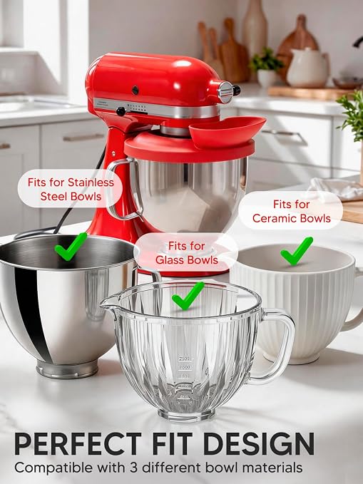 Silicone Kitchen Aid Splash Guard for Stand Mixer & Tilt Head Mixer, 4.5-5QT Mixing Bowl Pouring Shield & Flour Funnel, Kitchen Aid Accessories and Attachments - (Red)