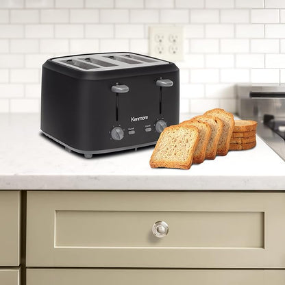 Kenmore 4-Slice Toaster with Dual Controls, Matte Black and Grey, Wide Slots, Self-Adjusting Bread Guides, Adjustable Browning, 6 Shade Settings, Toast, Bagels, Waffles, English Muffins, Small