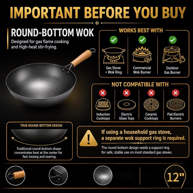 Calmabode 12” Round Bottom Carbon Steel Wok with Glass Lid | Traditional Chinese round-bottom wok for gas stoves, nitrided carbon steel, glass lid, ideal for wok hei and stir-fry