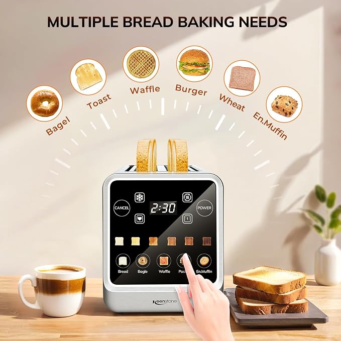 Keenstone 4 Slice Touch Screen Toasters with Wide Slot, 1400W Stainless Steel Smart Toaster for Bagels, Waffles, Muffin - Timer, Defrost, Reheat & Memory Function, Family Breakfast Toaster