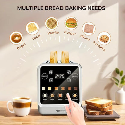 Keenstone 4 Slice Touch Screen Toasters with Wide Slot, 1400W Stainless Steel Smart Toaster for Bagels, Waffles, Muffin - Timer, Defrost, Reheat & Memory Function, Family Breakfast Toaster