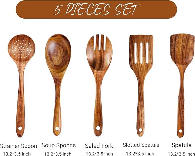 5 Pieces wooden utensil set premium cooking spoons wood cooking utensils teak wooden utensils set wood cooking utensils (5 Pieces set)