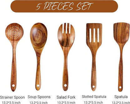 5 Pieces wooden utensil set premium cooking spoons wood cooking utensils teak wooden utensils set wood cooking utensils (5 Pieces set)