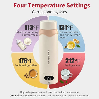 Insulated Stainless Steel Electric Kettle Small, Smart Water Bottle with 4 Temperature Control, Leak-Proof, Mini Travel Essentials Portable Office Gifts for Tea Lovers, Cream