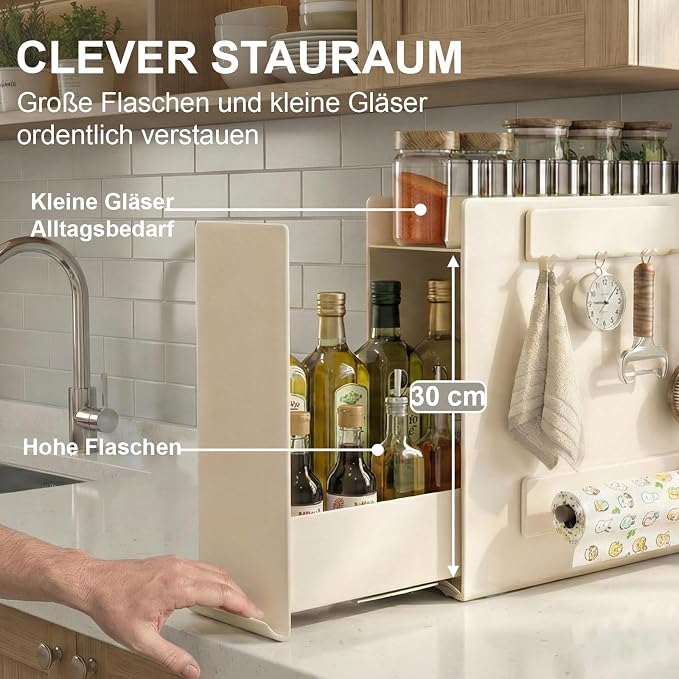 2 Tier No Assembly Pull Out Spice Rack Countertop, Sliding Drawer for Tall Bottles, with Magnetic Panels with Paper Towel Holder and 4 Hooks