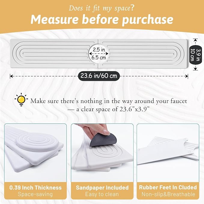 Faucet Mat for Kitchen Sink with Sandpaper, Diatomaceous Earth Faucet Splash Guard, Fast Drying Sink Protector Stone, Water Absorbing Stone Mat for Bathroom Sink Counter, Gift for Mother's Day, White