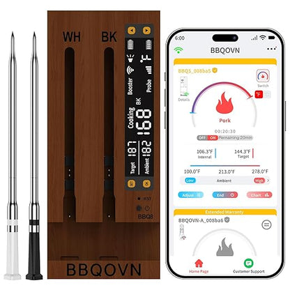 BBQOVN (Luxury Walnut Wood) WiFi Sub-1G Wireless Meat Thermometer Unlimited Range 7 NIST Certified Sensors with Ambient Temp 2 Temp Monitoring Ways Digital Smart Base and App for Smoker, Grill, Oven